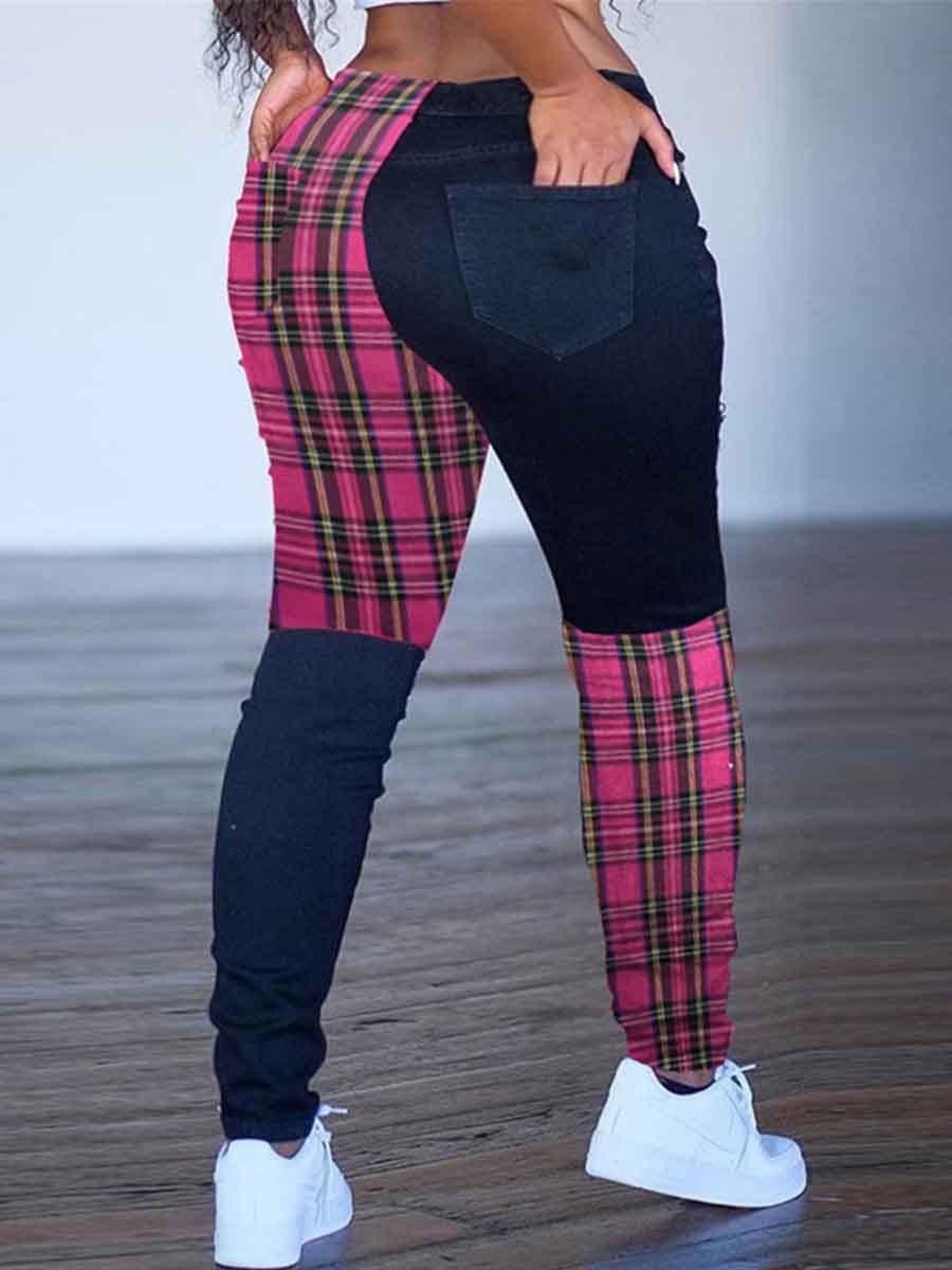 

lovely Stylish Grid Print Patchwork Pink Plus Size Pants