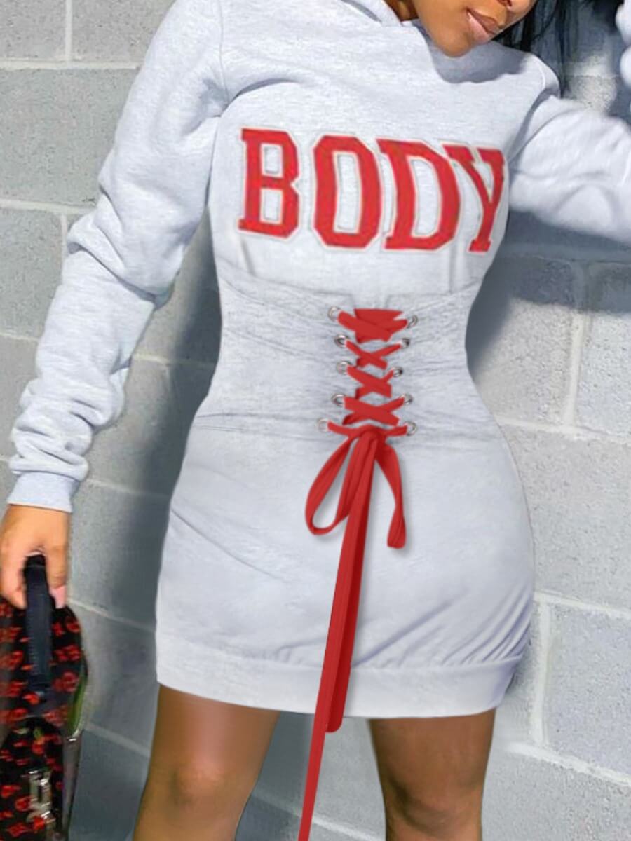 

Lovely Street Hooded Collar Letter Print Bandage Design Grey Mini Dress