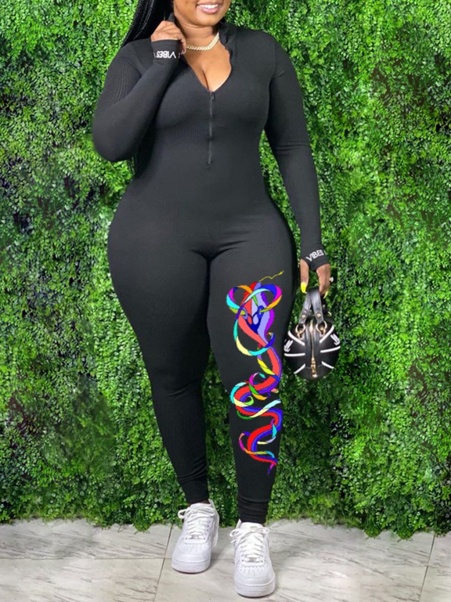

lovely Sportswear Print Zipper Design Black Plus Size One-piece Jumpsuit