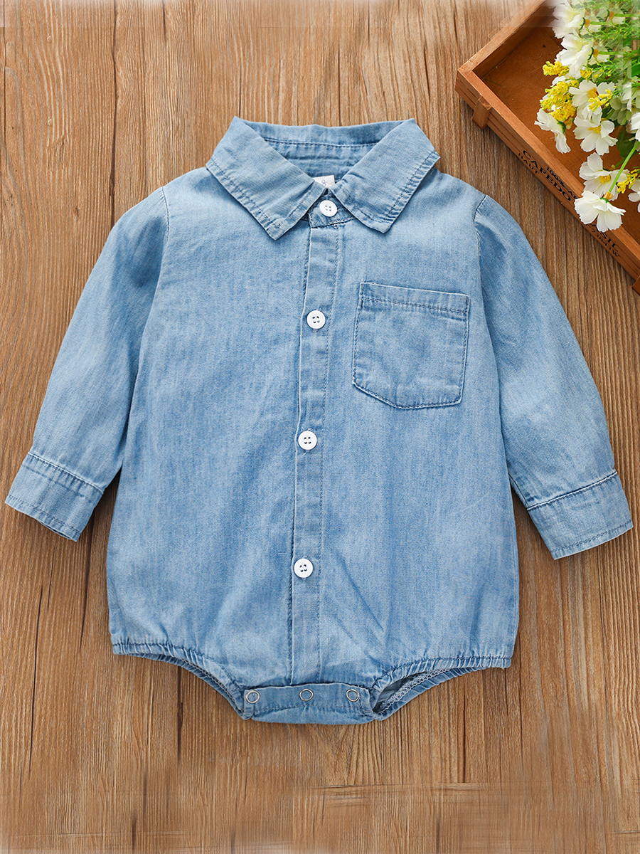 

lovely Casual Turndown Collar Buttons Design Baby Blue Boy One-piece Romper