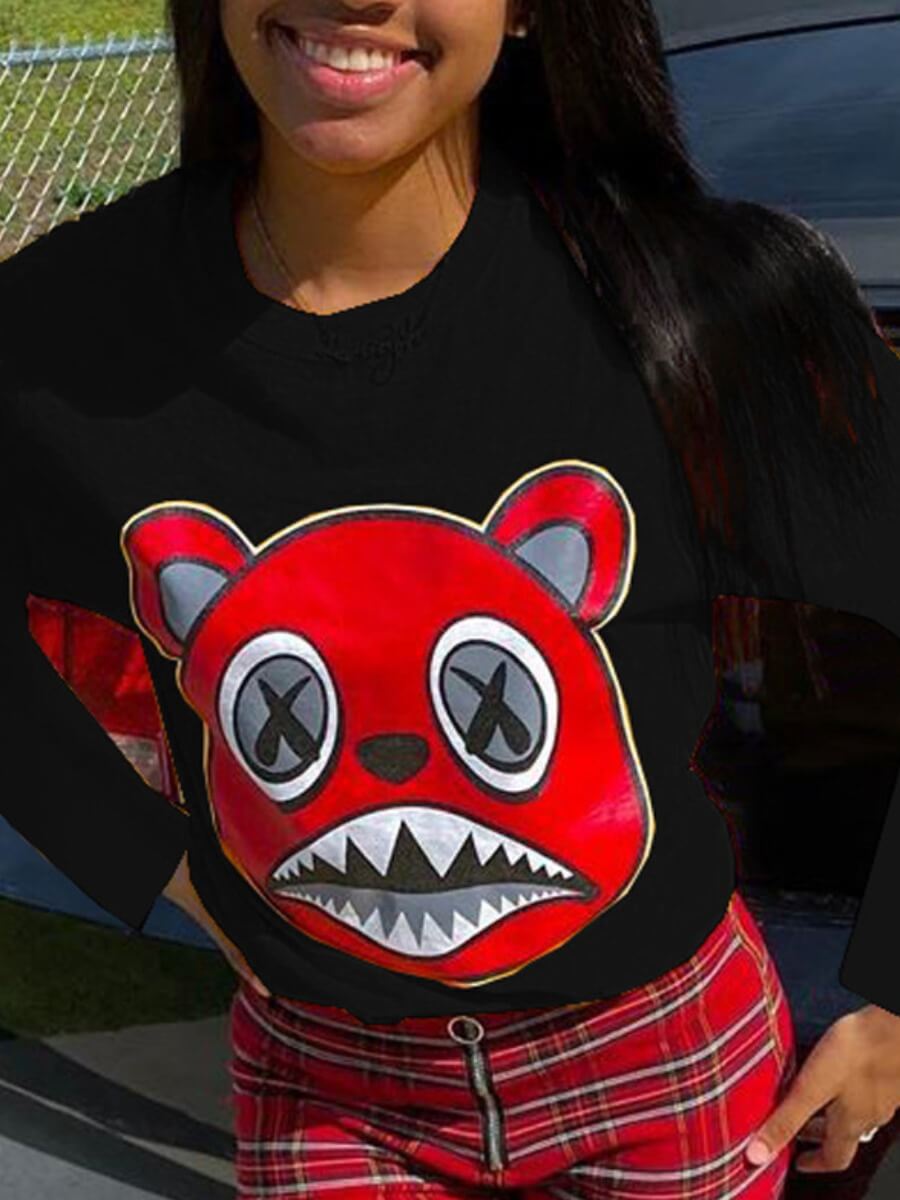 

Lovely Casual O Neck Cartoon Print Black Hoodie