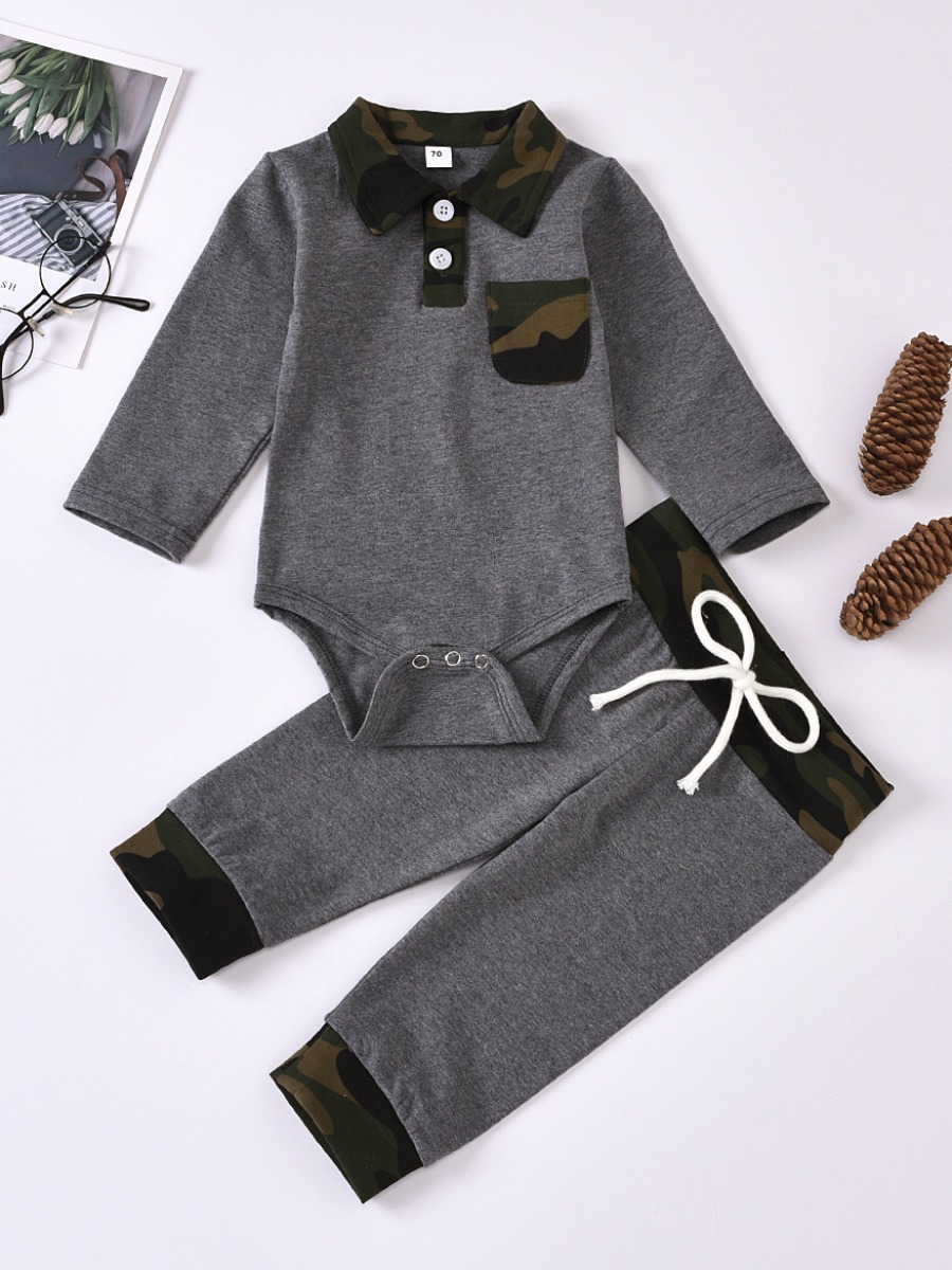 

lovely Sportswear Turndown Collar Buttons Design Patchwork Grey Boy Two-piece Pants Set