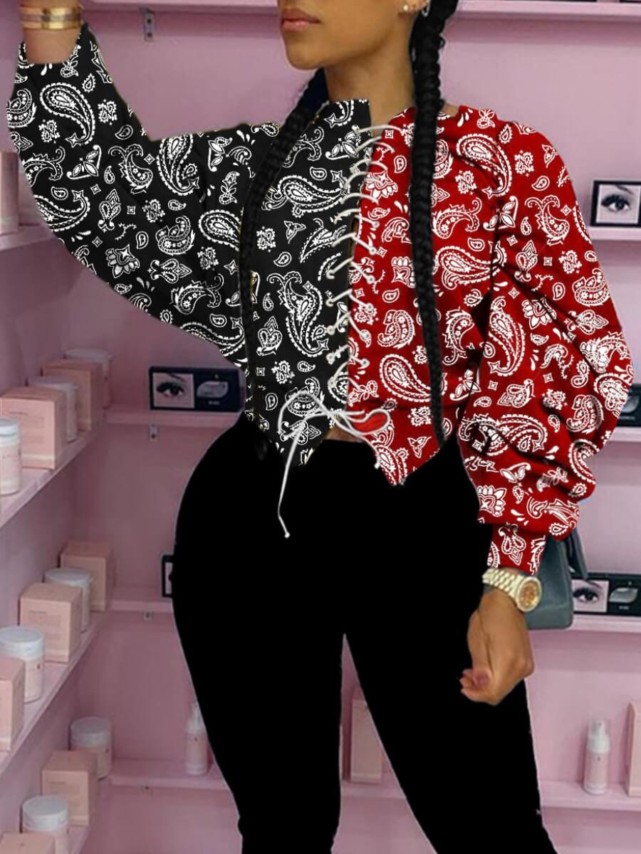 

Lovely Street O Neck Print Bandage Design Black Hoodie