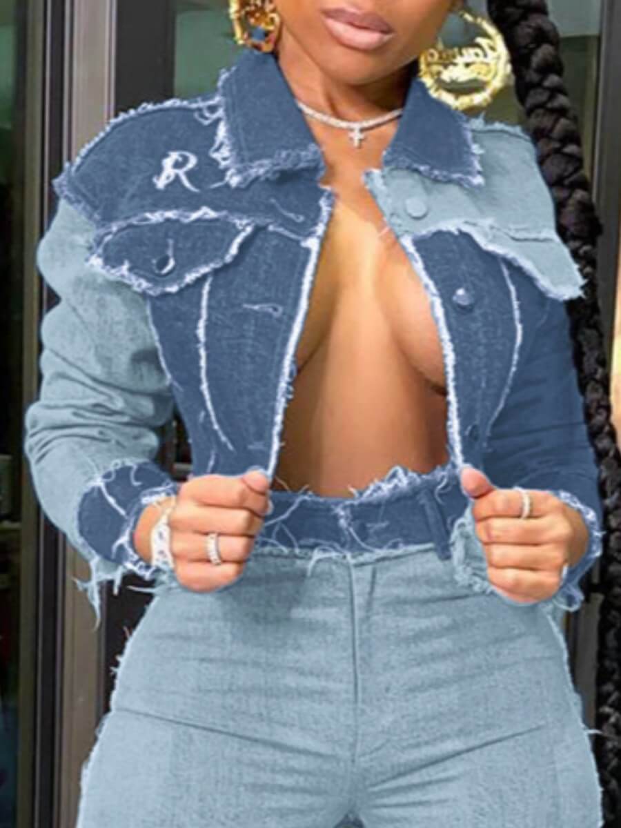 

Lovely Casual Turndown Collar Patchwork Baby Blue Denim Jacket