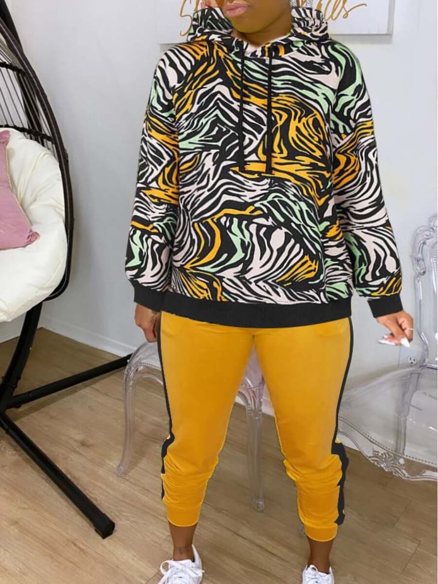 

Lovely Trendy Hooded Collar Print Yellow Two Piece Pants Set