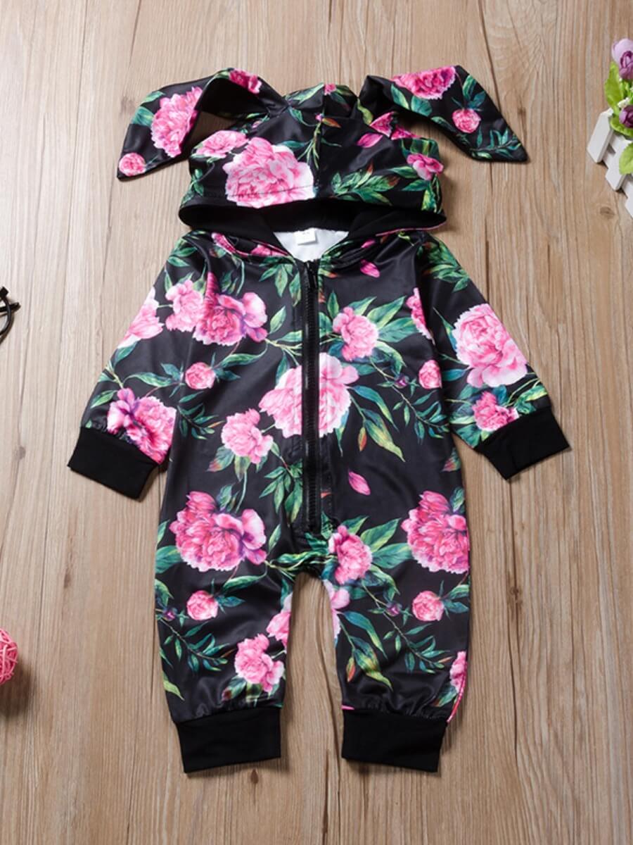 

Lovely Sweet Hooded Collar Plants Print Black Girl One-piece Jumpsuit