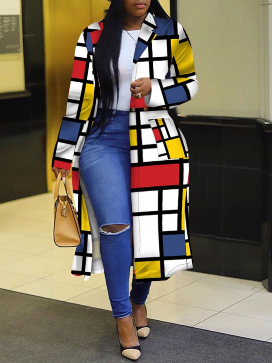 

LW Plus Size Stylish Turndown Collar Print Multicolor Long Coat, Multi
