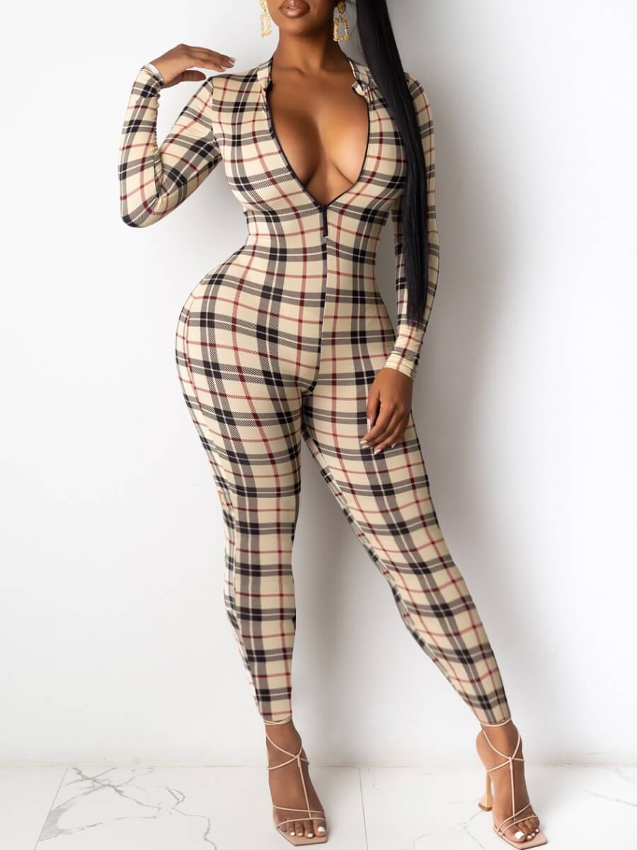 

Lovely Trendy Grid Print Skinny Black And White One-piece Jumpsuit, Black & white tartan