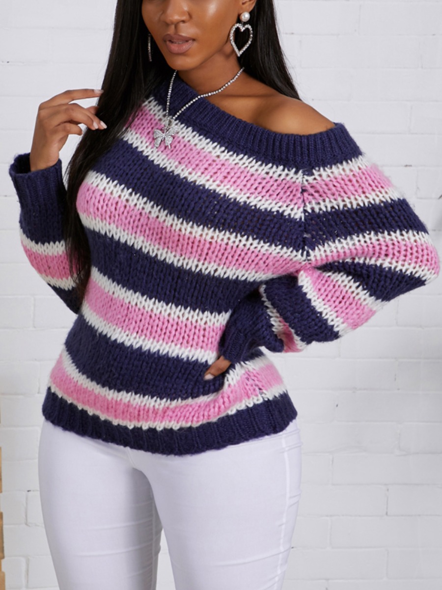 

Lovely Casual Striped Loose Pink Sweater