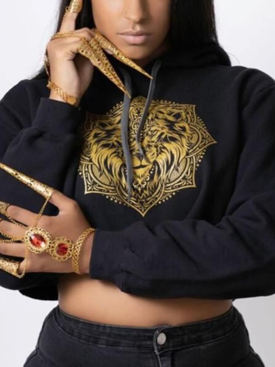 

Lovely Casual Hooded Collar Print Loose Black Short Hoodie