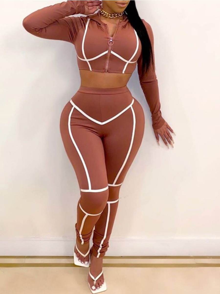 

lovely Sportswear Turndown Collar Patchwork Dusty Pink Plus Size Two-piece Pants Set
