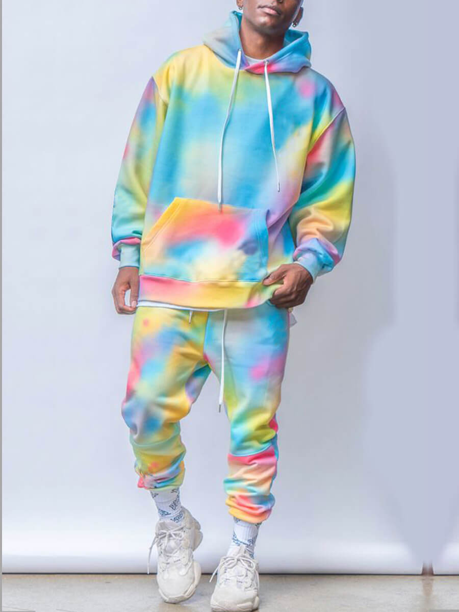 

LW Trendy Hooded Collar Tie-dye Multicolor Men Two-piece Pants Set, Multi