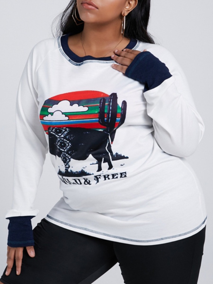 

lovely Street O Neck Print White Plus Size Hoodie
