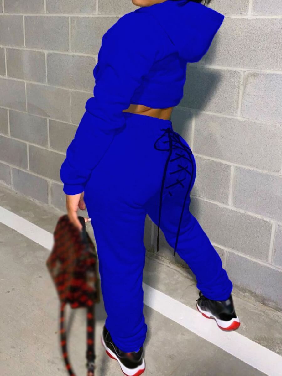 

LW Hooded Collar Bandage Design Tracksuit Set, Blue