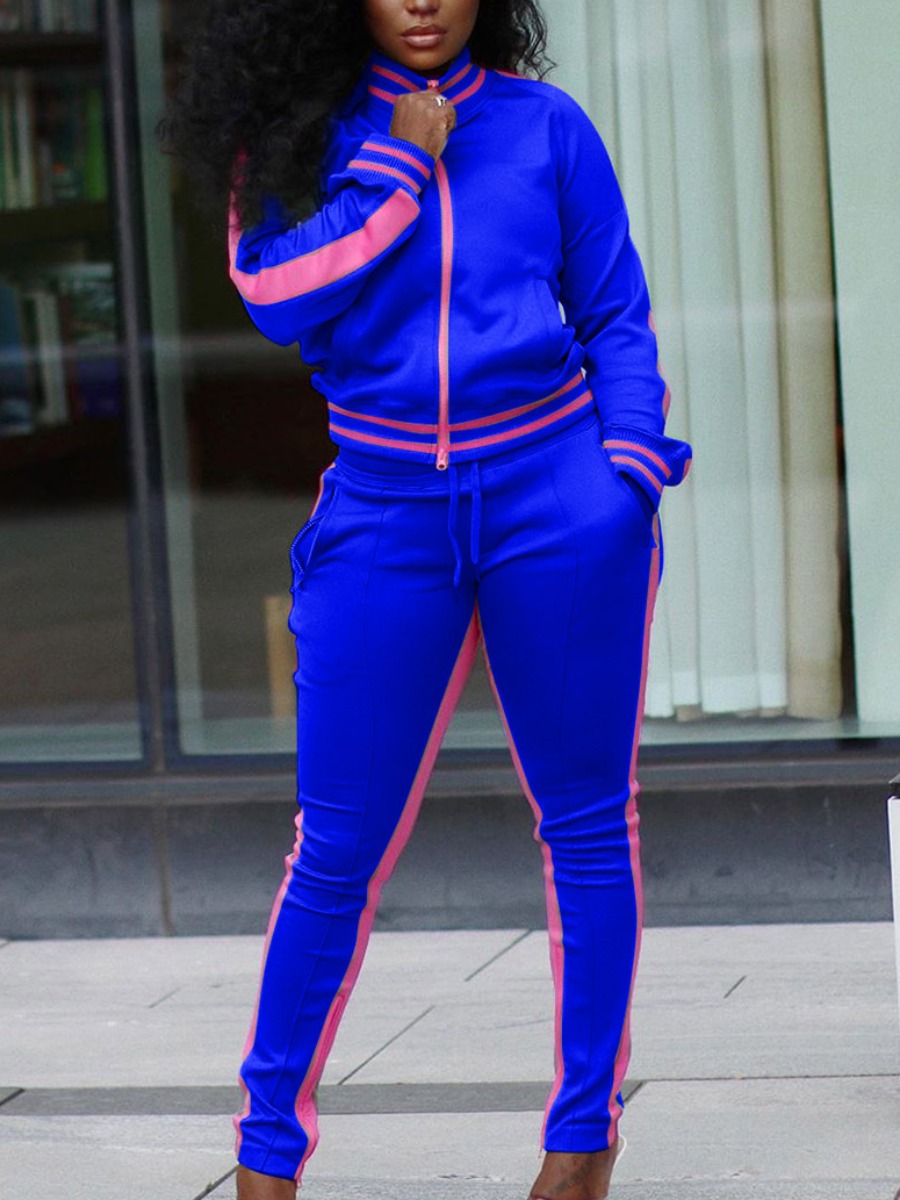

Lovely Sportswear Patchwork Zipper Design Blue Two Piece Pants Set