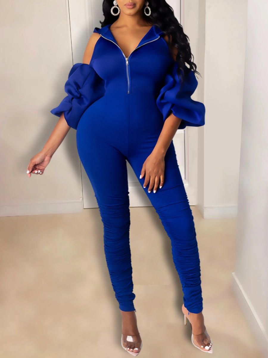

lovely Stylish Hollow-out Zipper Design Blue One-piece Jumpsuit