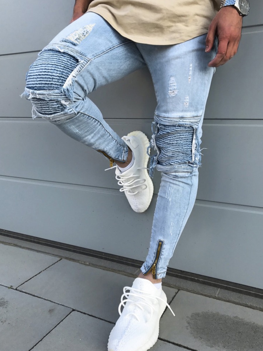 

lovely Street Patchwork Baby Blue Men Jeans