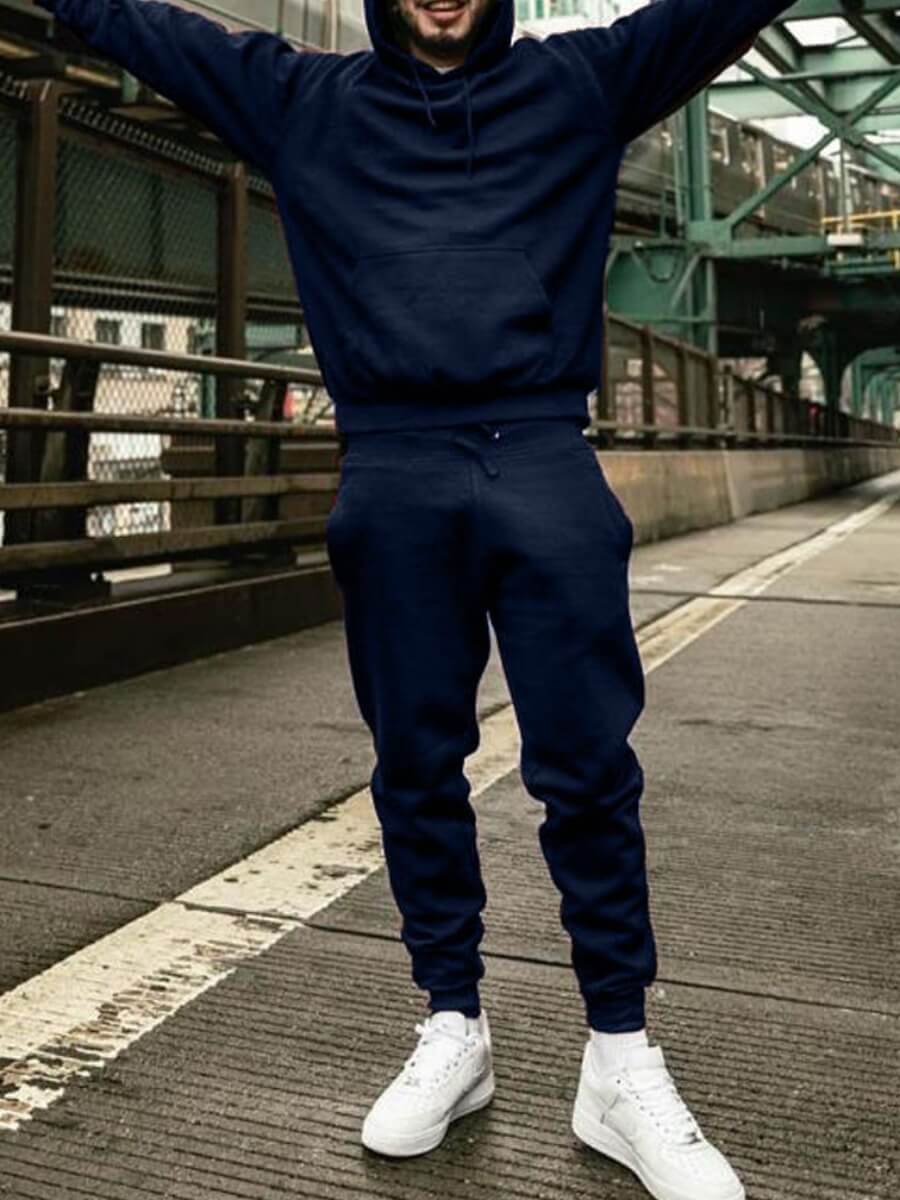 

LW Men Casual Hooded Collar Basic Navy Blue Two-piece Pants Set