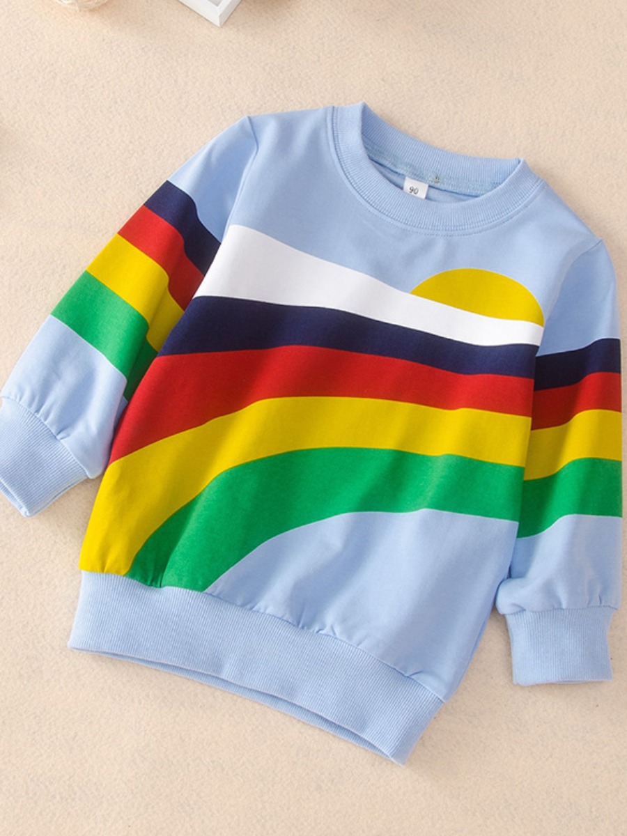 

lovely Leisure O Neck Rainbow Striped Baby Blue Boy Hoodie