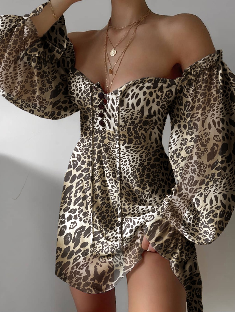 

lovely Trendy Dew Shoulder Leopard Print Mini Dress