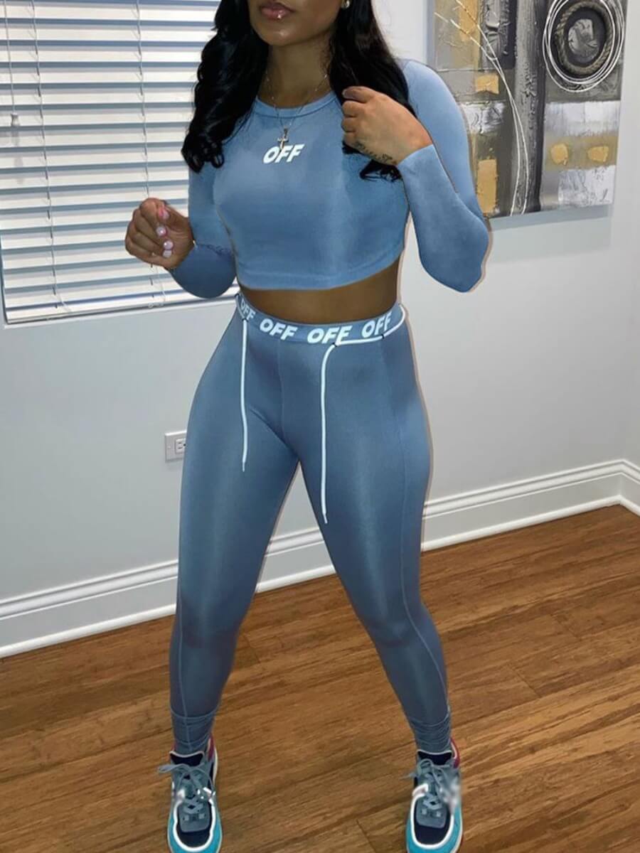 

Lovely Sportswear O Neck Letter Print Blue Two Piece Pants Set