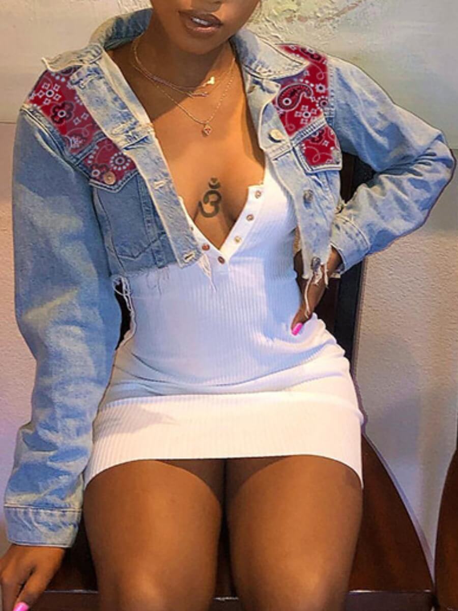 

Lovely Street Turndown Collar Print Red Short Denim Jacket
