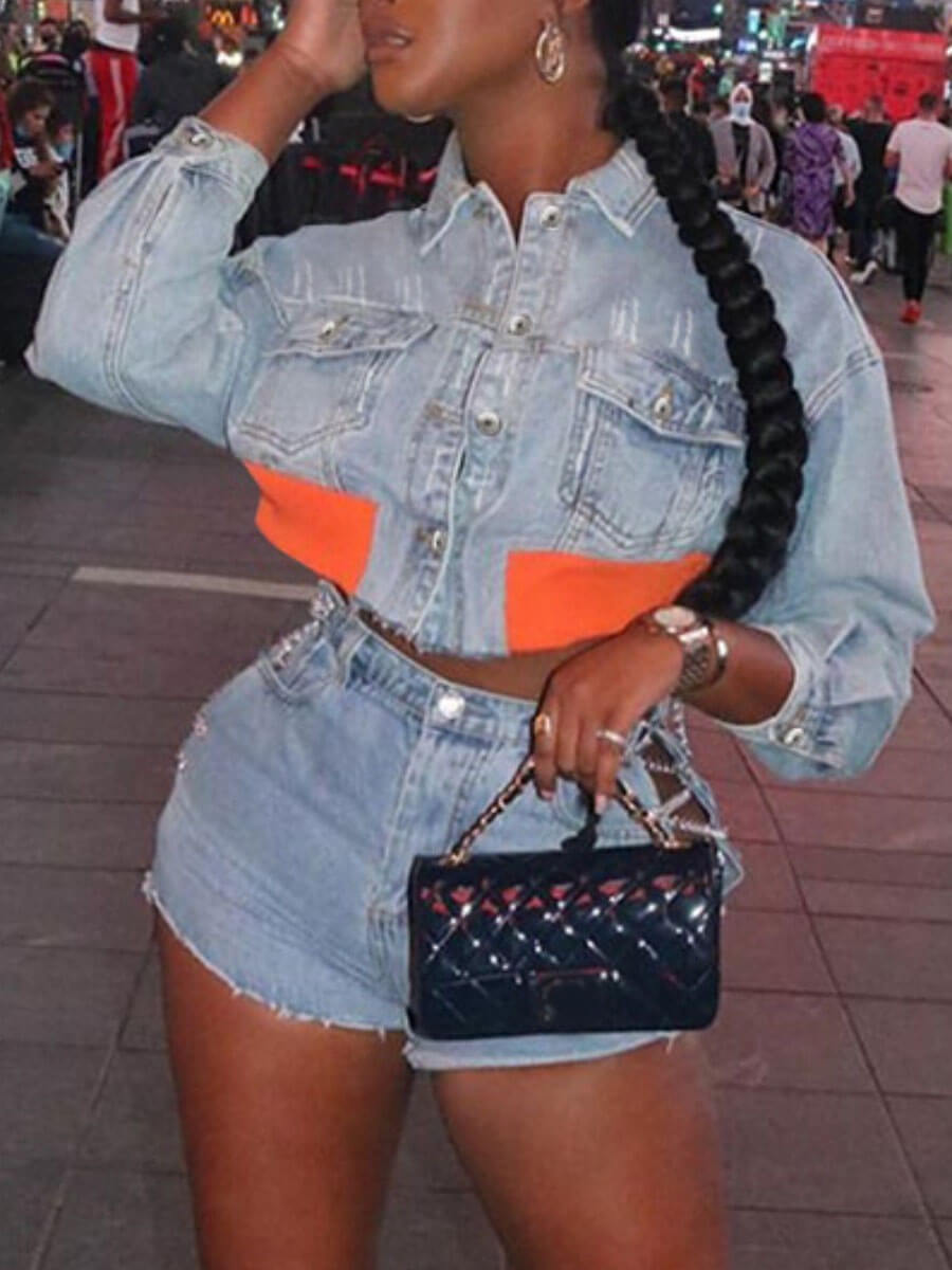 

Lovely Street Turndown Collar Patchwork Baby Blue Short Denim Jacket