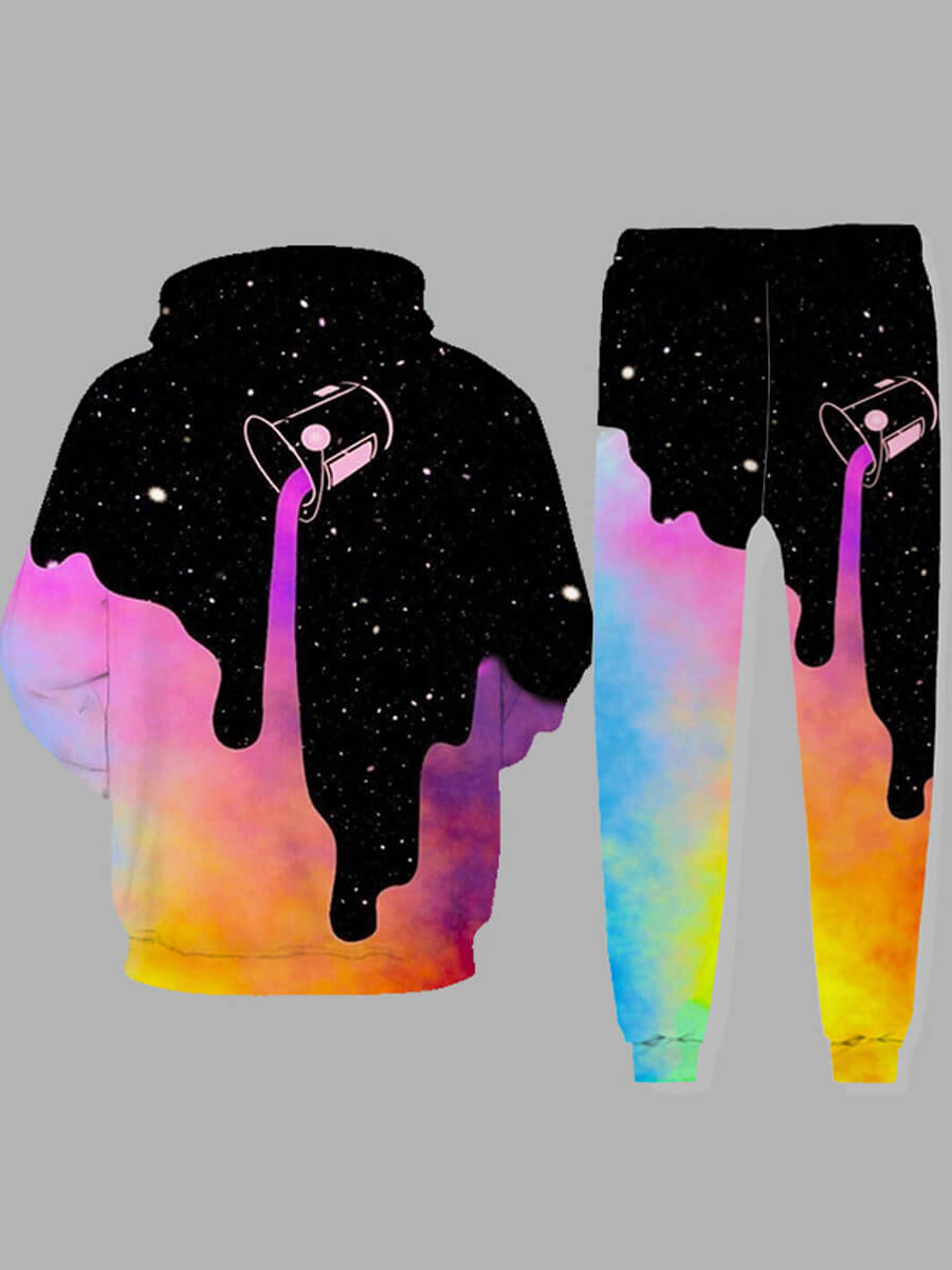 Lovely Men Street Hooded Collar Starry Sky Print Multicolor Two-piece Pants Set