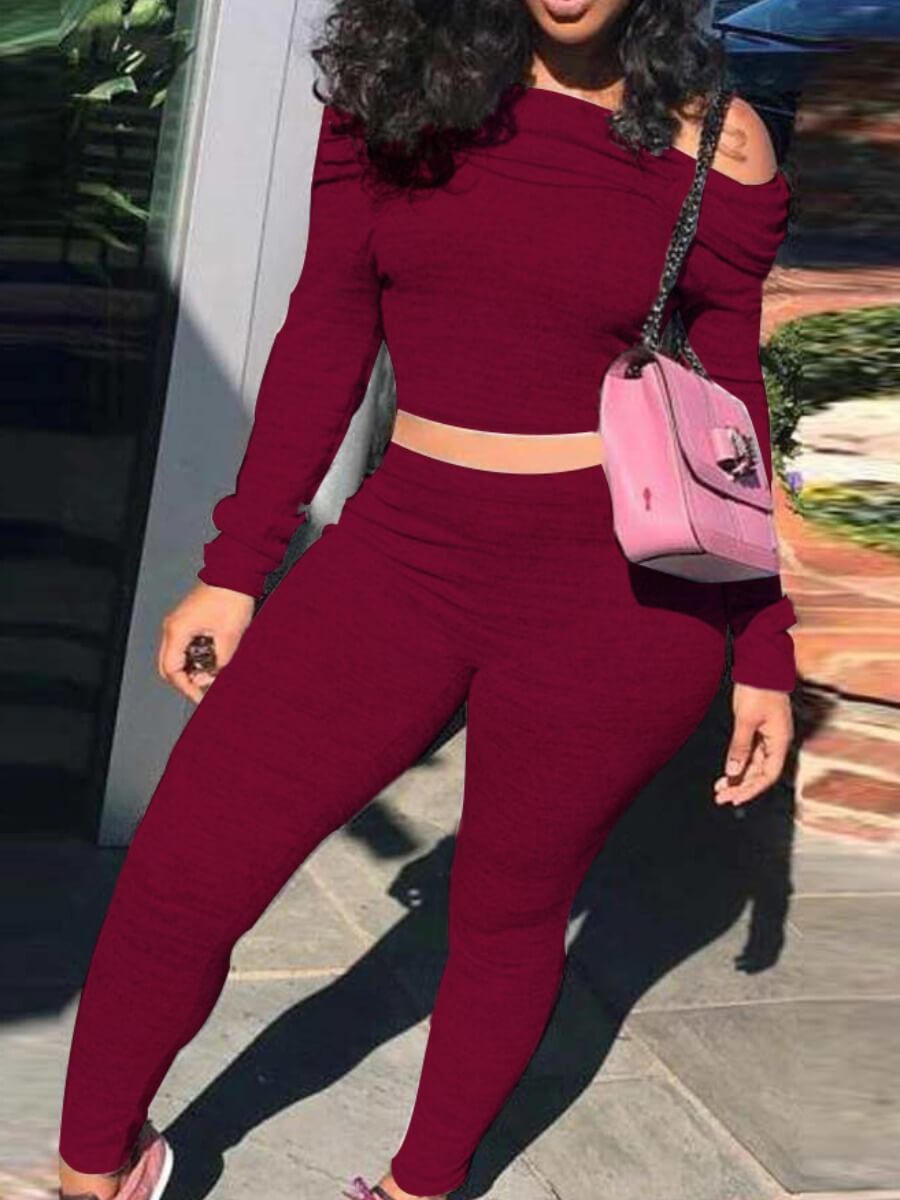 

Lovely Casual Dew Shoulder Skinny WIne Red Two Piece Pants Set