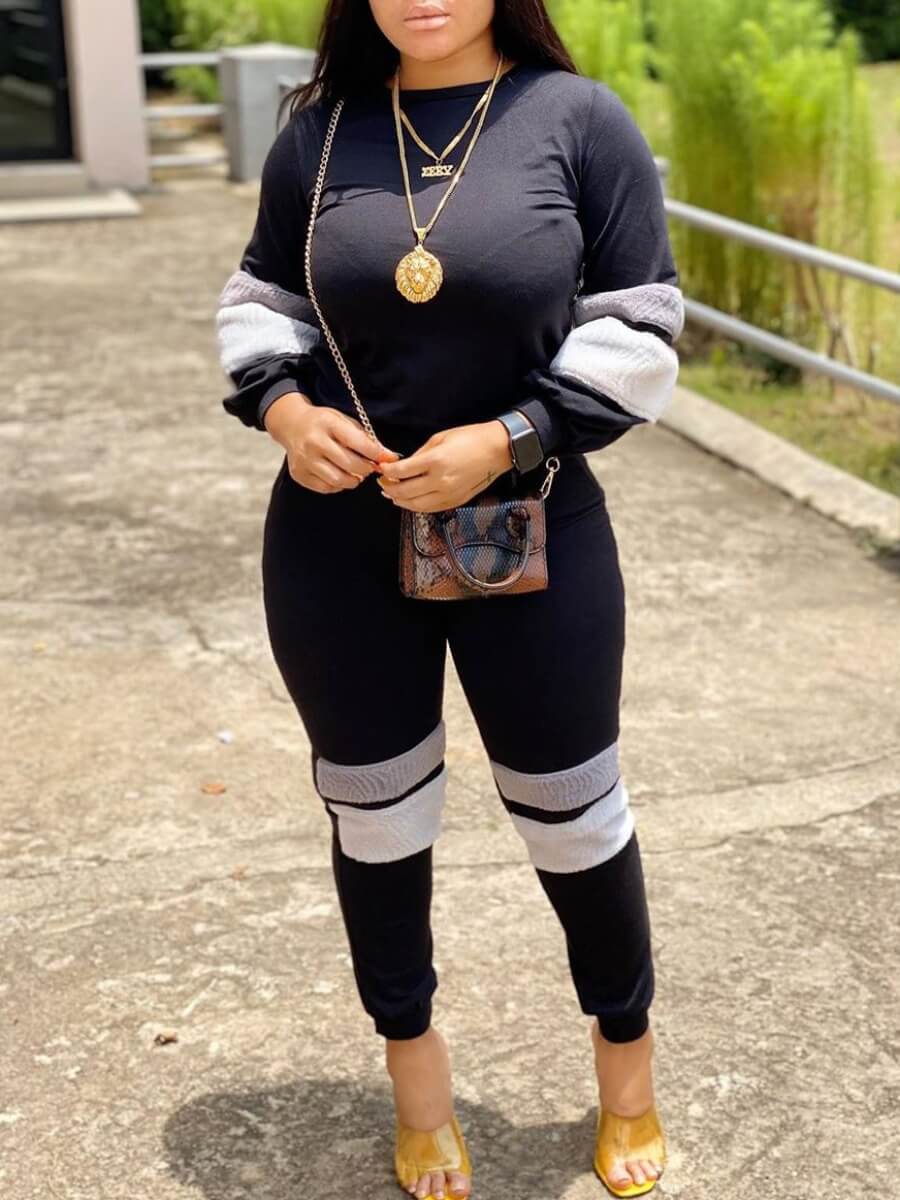 

Lovely Sportswear O Neck Patchwork Black Two Piece Pants Set