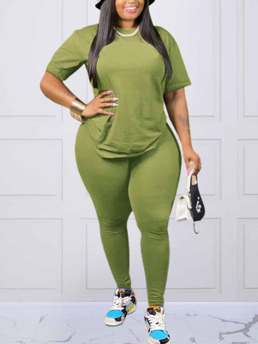 

lovely Casual O Neck Basic Green Plus Size Two-piece Pants Set