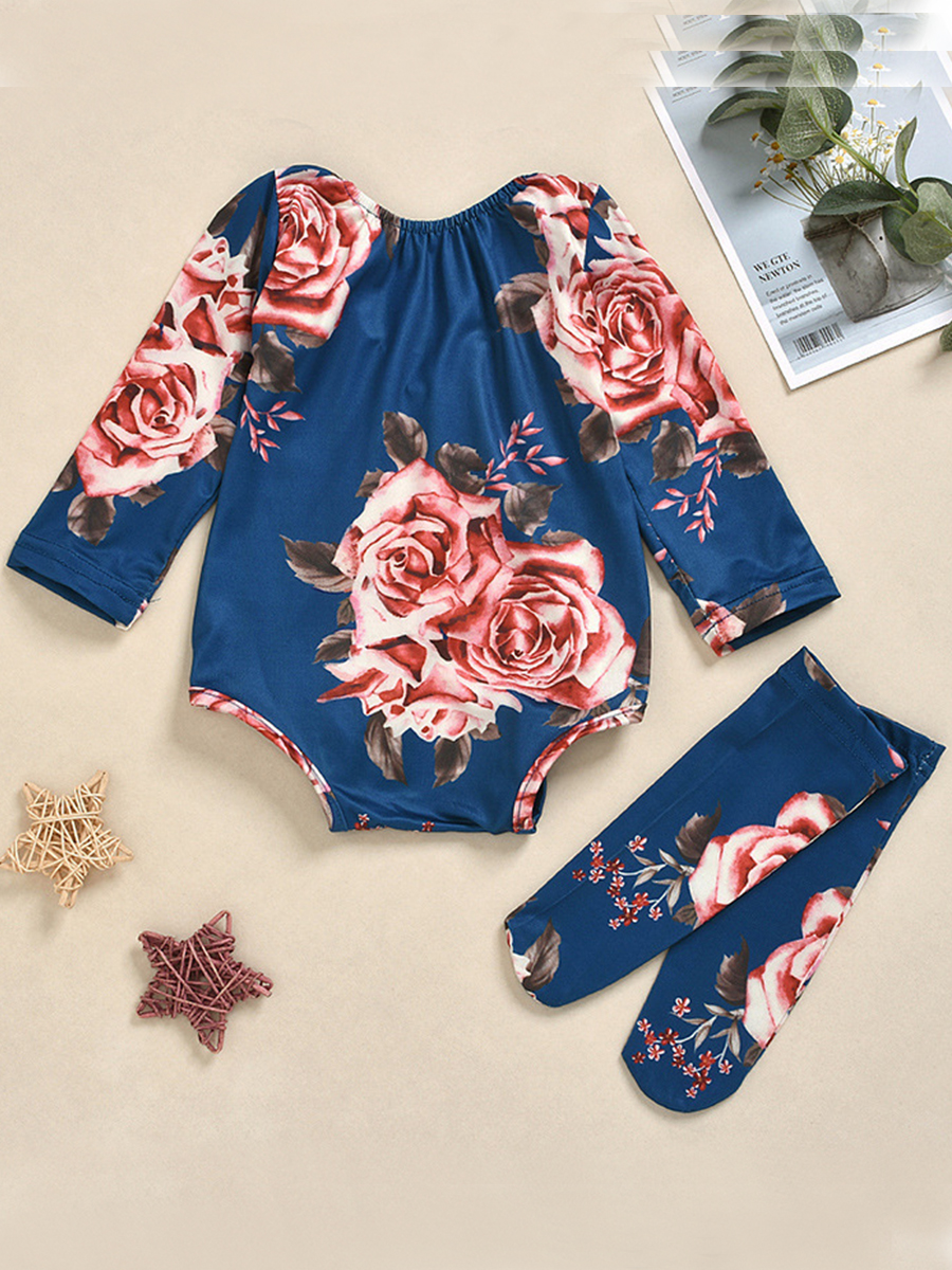 

lovely Casual O Neck Plants Print Deep Blue Girl Two-piece Pants Set