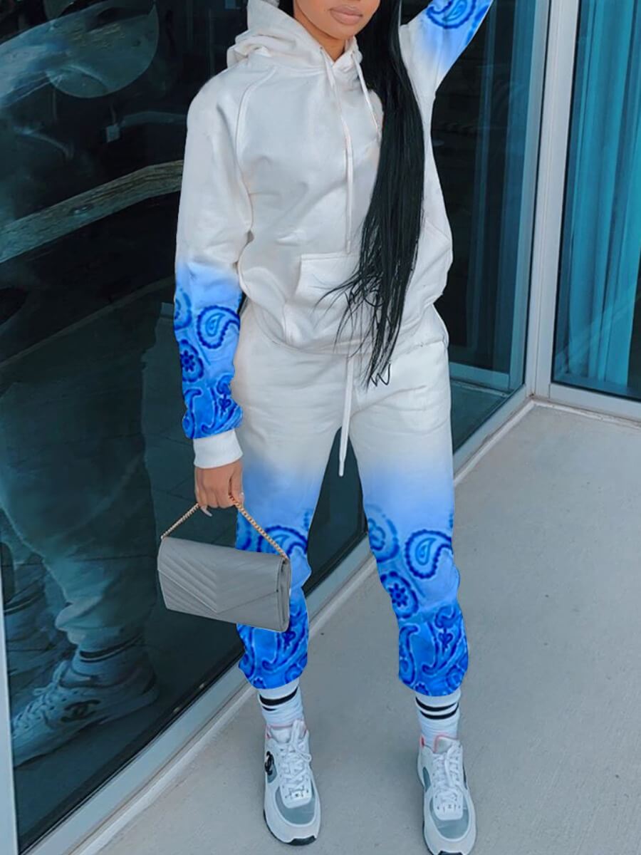 

Lovely Street Hooded Collar Tie Dye Print White Two Piece Pants Set