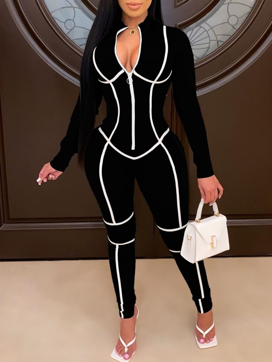 

LW BASICS Sportswear Zipper Design Patchwork Black One-piece Jumpsuit
