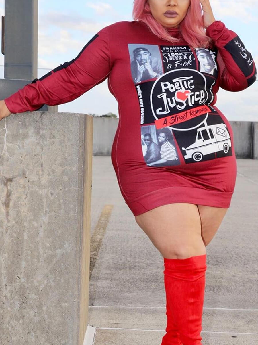 

Lovely Plus Size Street O Neck Print Red Knee Length Dress