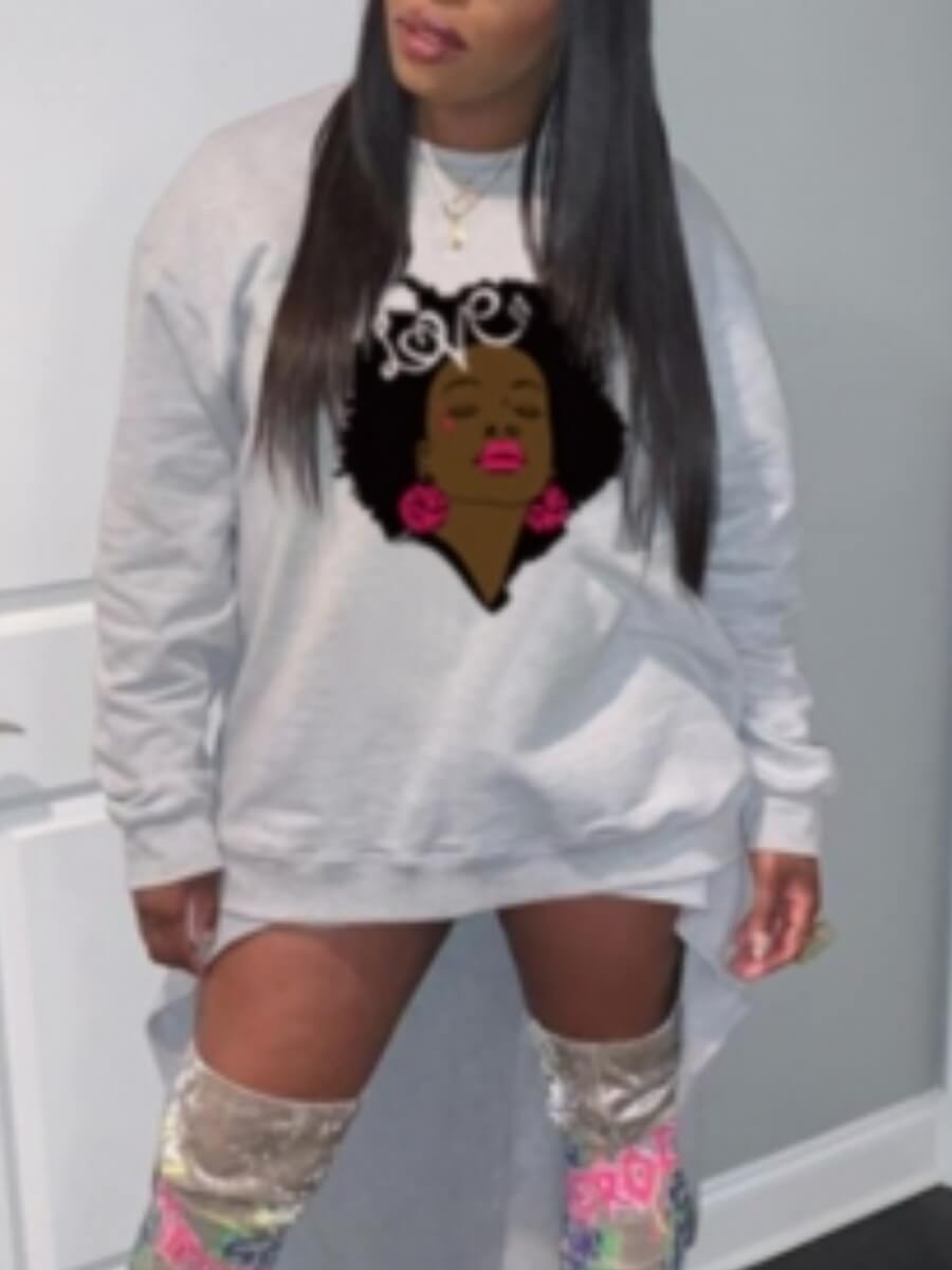 

Lovely Casual O Neck Print Light Grey Hoodie