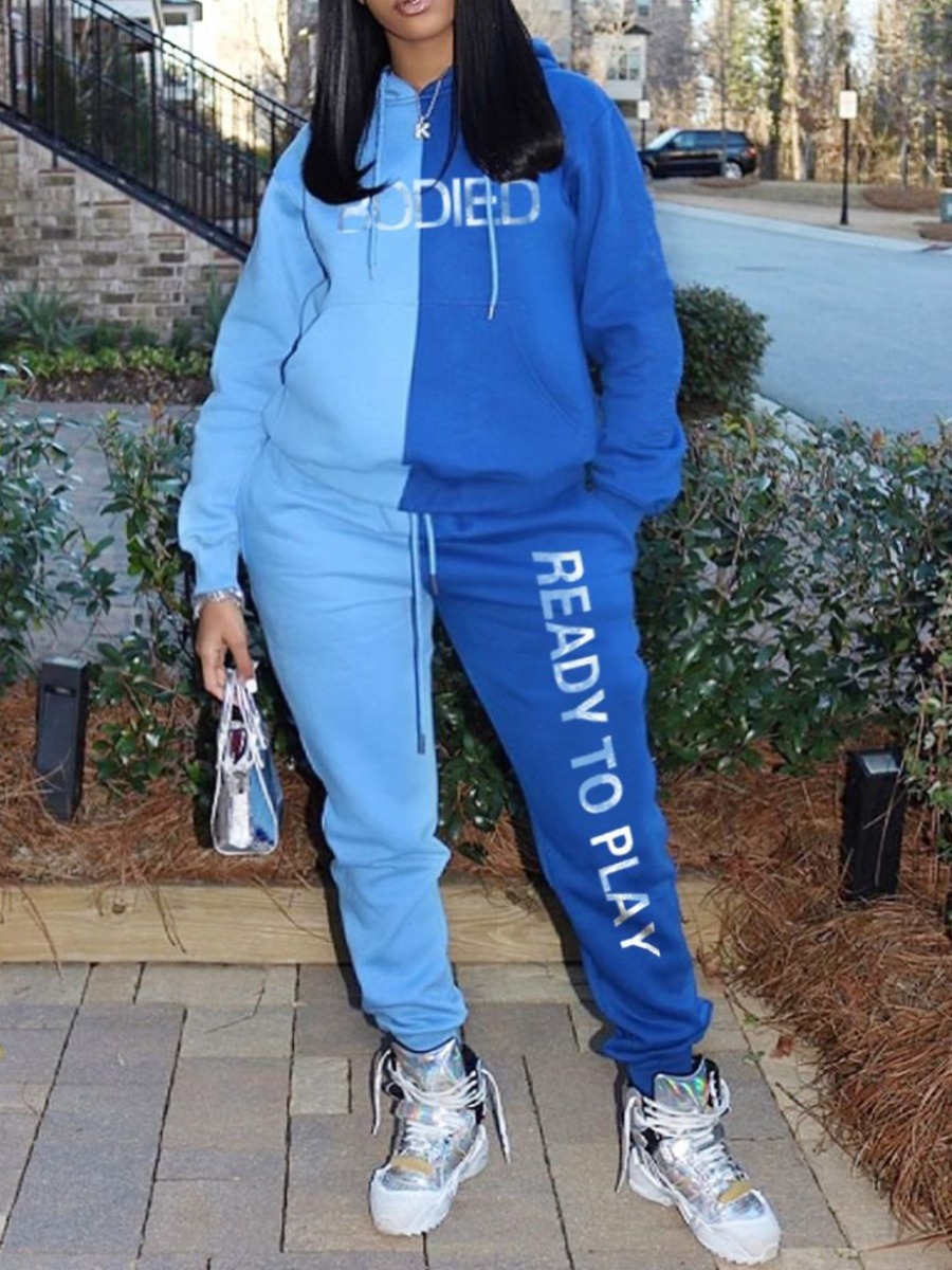 

lovely Casual Hooded Collar Letter Print Patchwork Blue Plus Size Two-piece Pants Set