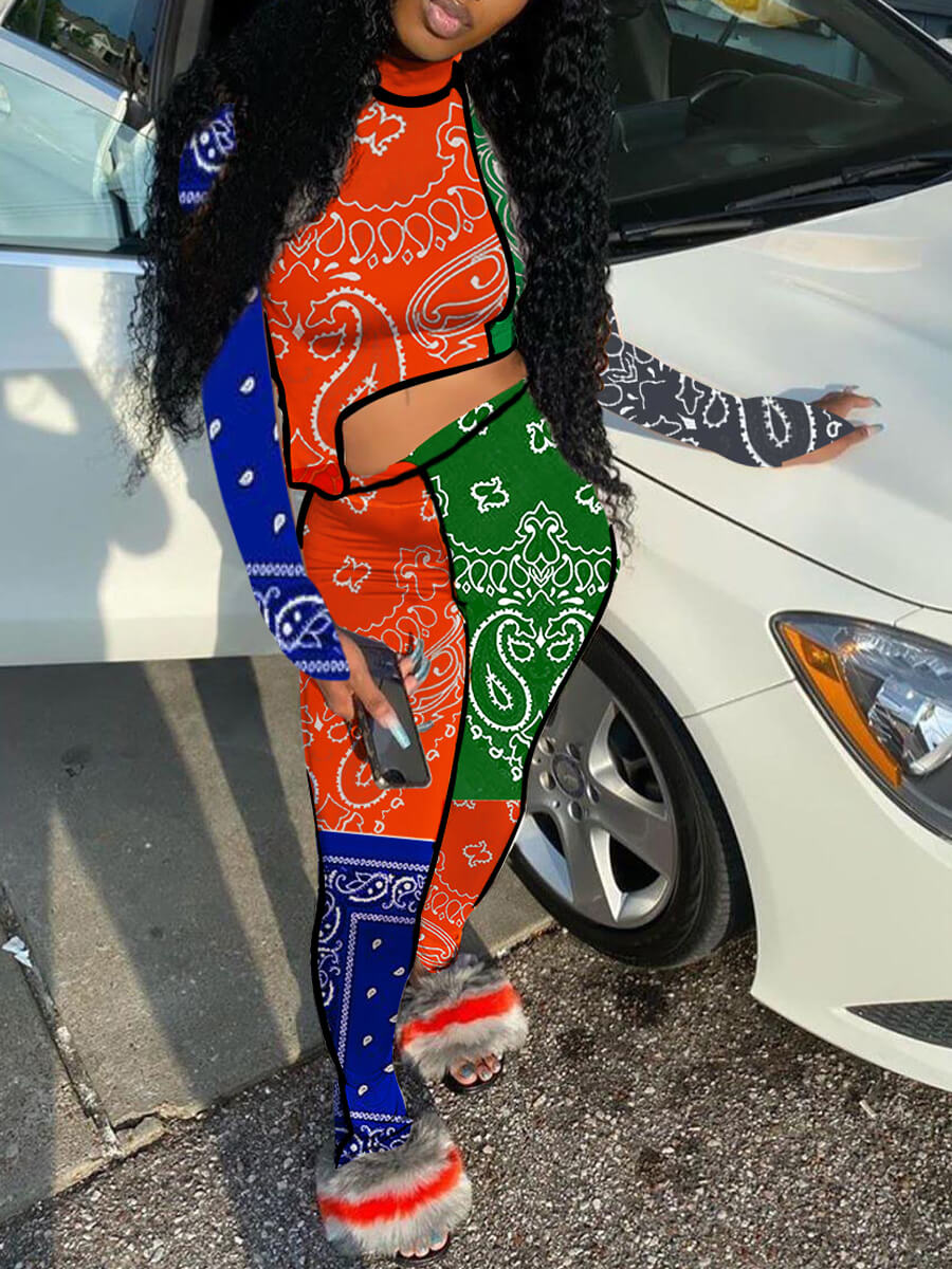 

Lovely Trendy Turtleneck Print Patchwork Multicolor Two Piece Pants Set, Multi