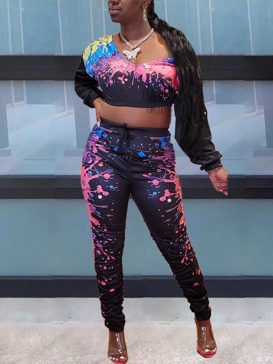 

lovely Trendy U Neck Print Black Two Piece Pants Set
