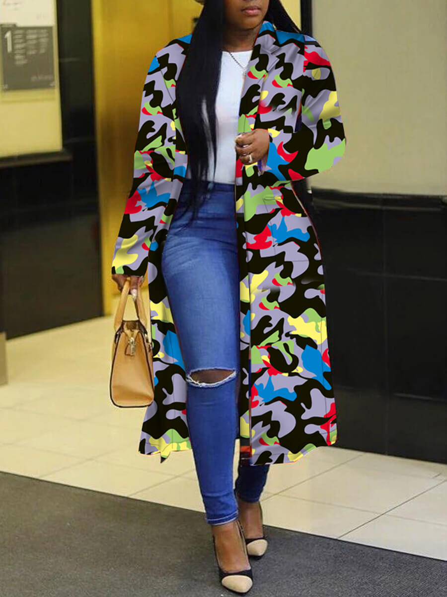 

Lovely Trendy Turndown Collar Camo Print Long Coat