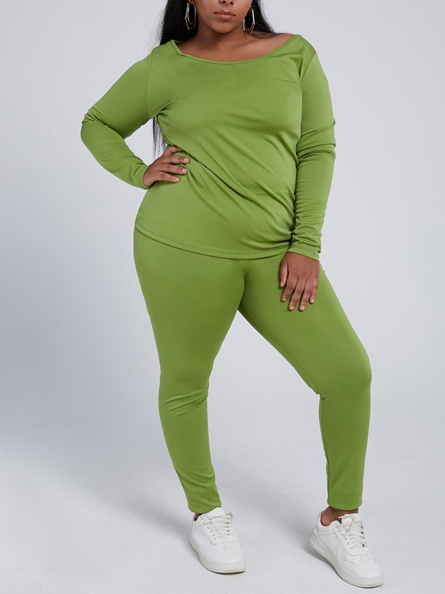 

Lovely Casual Basic Skinny Green Plus Size Two-piece Pants Set