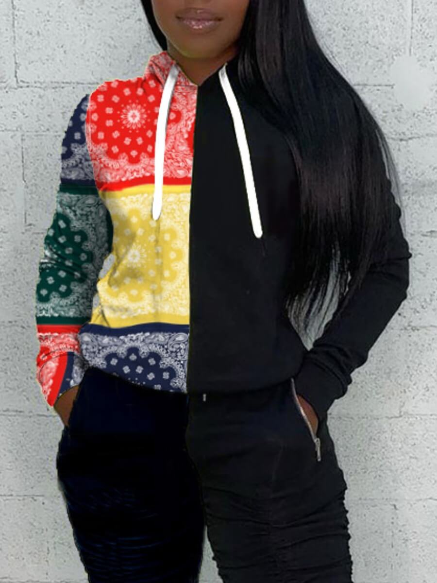 lovely Casual Hooded Collar Print Patchwork Black Hoodie
