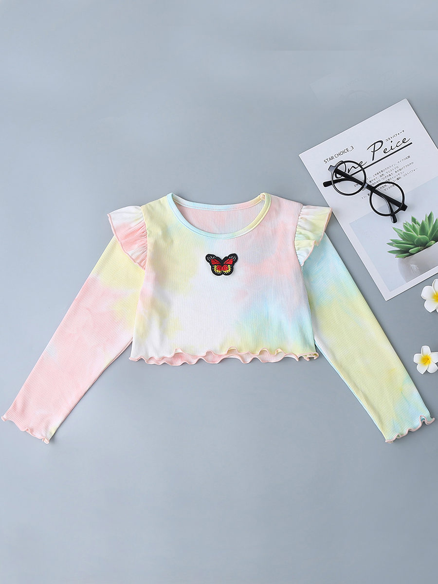 

lovely Stylish O Neck Butterfly Tie-dye Multicolor Girl Blouse, Multi