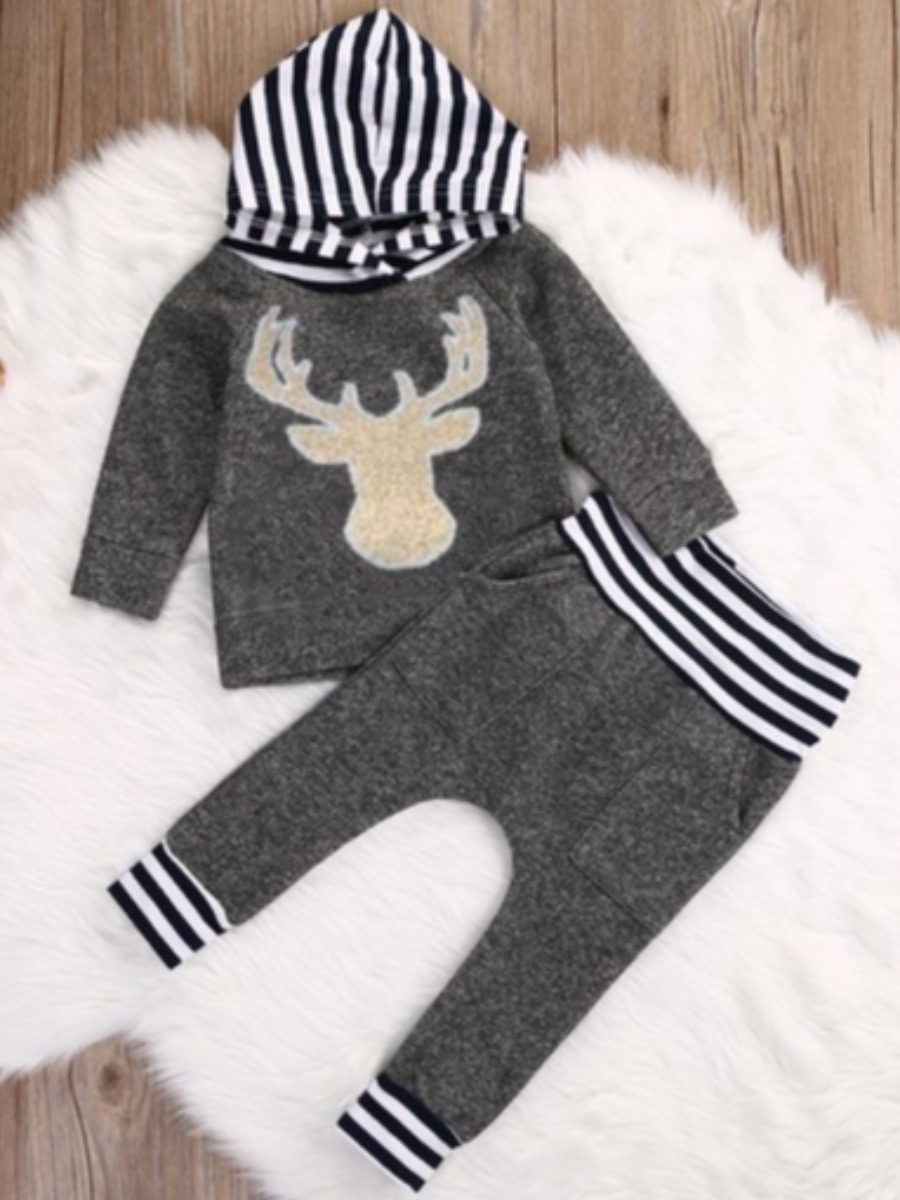 

lovely Casual Hooded Collar Cartoon Dark Grey Boy Two-piece Pants Set