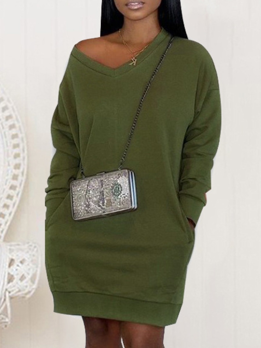 

lovely Casual V Neck Basic Green Knee Length Dress