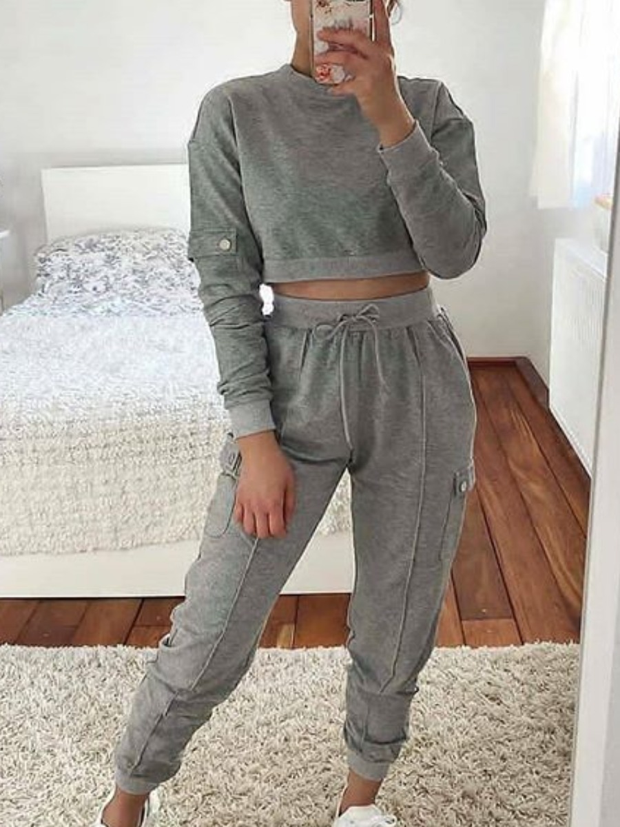 

lovely Casual O Neck Pocket Patched Grey Two Piece Pants Set