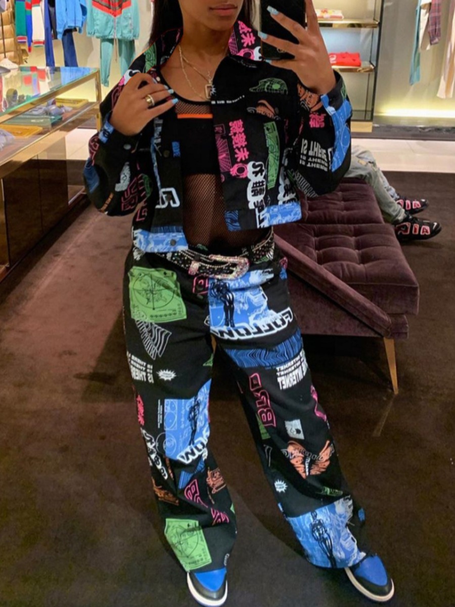 

lovely Street Graffiti Print Black Two Piece Pants Set