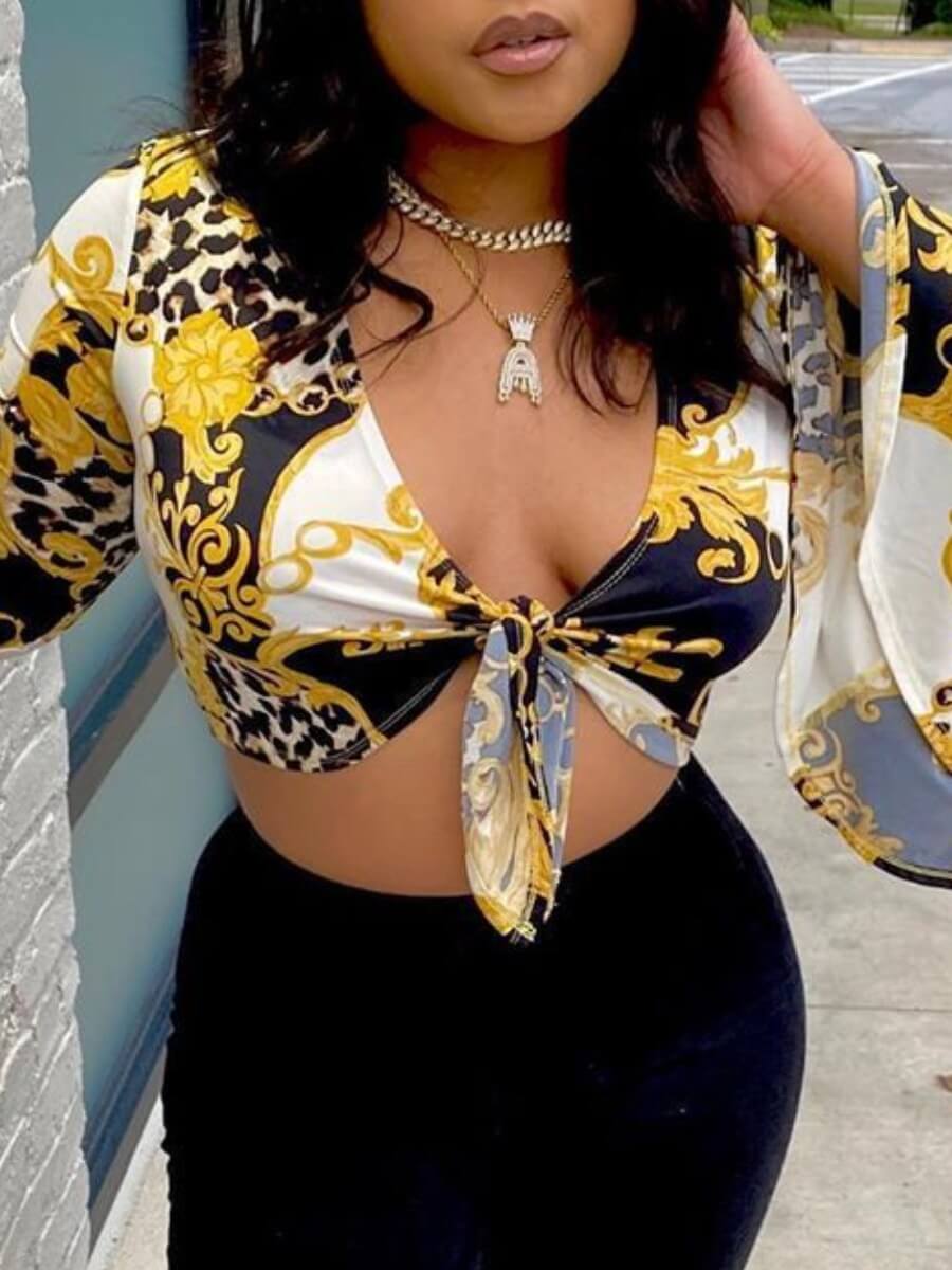 

Lovely Street V Neck Leopard Print Knot Design Yellow Blouse