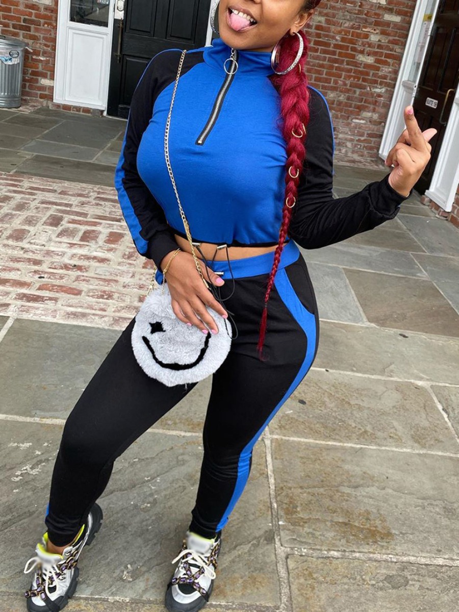 

lovely Sportswear Patchwork Zipper Design Blue Two Piece Pants Set