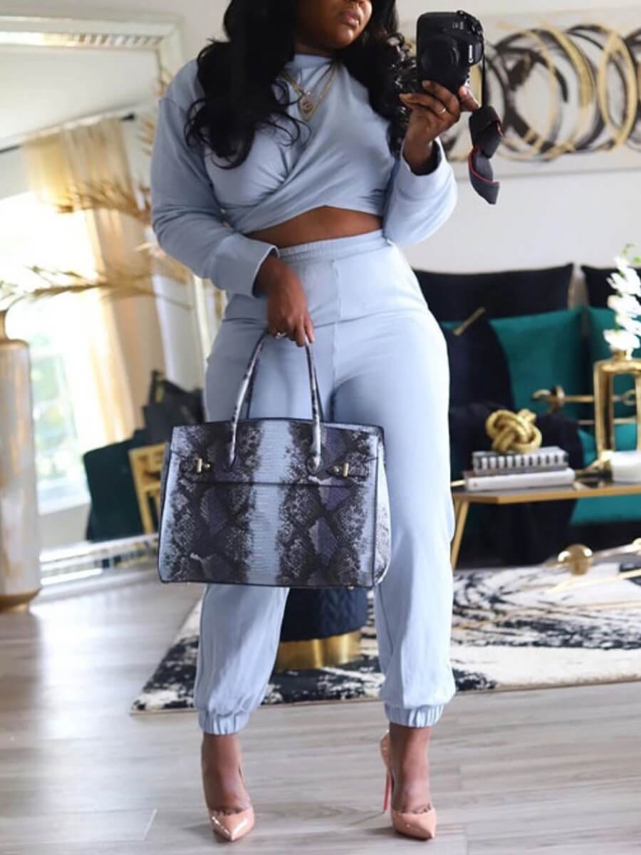 

Lovely Sportswear O Neck Cross-over Design Baby Blue Two Piece Pants Set